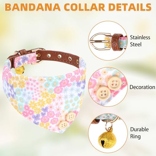KOOLTAIL Summer Dog Collar and Leash Set with Bowtie and Bells - Cute Fancy Puppy Collar and Leash for Boy or Girl with Flower Pattern, Soft Leather Tangle Free Leashes for Small Dogs,Cats