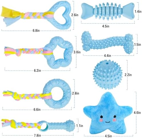 MRSOHRET Puppy Toys, 8 Pack Puppy Chew Toys for Teething, Cute Blue Small Dog Toys Set, Teething Toys for Puppies, Soft Durable Interactive Chew Toy for Small Dogs
