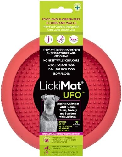 New LickiMat UFO Pink - Bathing, Shower & Grooming Distractor, Natural Rubber Large Licking Nubs, Unique Dribble Catcher Design, Slow Feeder Dog Bowl