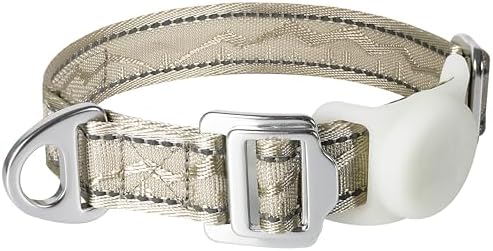 AirTag Dog Collar, Reflective Nylon, Metal Buckle, IP68, Dog Collar with AirTag Holder, Heavy Duty Dog Collars for Large Medium Small Dogs (Champagne Gold, L：Width 1",Neck 16.1"-25.2")