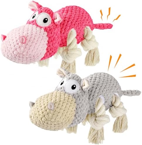 TOOPTATE 2-Pack Squeaky Hippo Dog Toys, Gray & Pink, Medium
