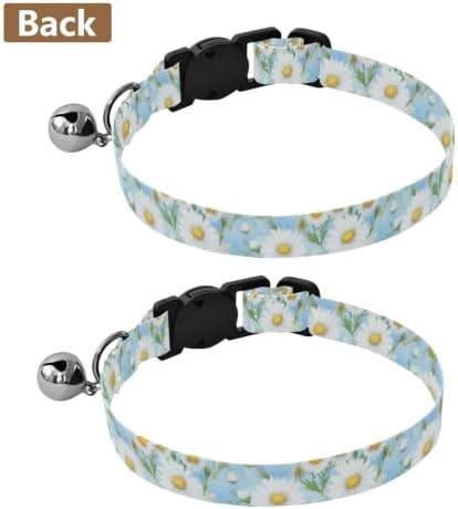 White Daisies Green Leaf Dog Collars for Small Dogs, 2 Pack Puppy Collar with Bell
