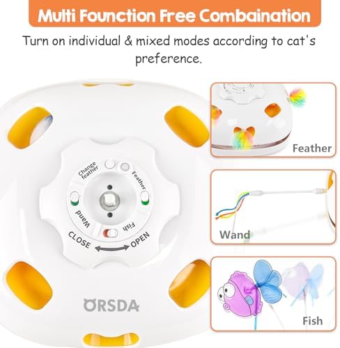 ORSDA Cat Toys for Indoor Cats, 5 in 1 Interactive Automatic Kitten Toys Rechargeable Electric Hide and Seek, Moving Feather, Whack-A-Mole, Spin Flying Teaser Wand Exercise Kicker, Gifts for Cat