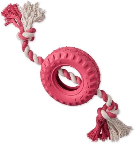 Pet Passion Natural Rubber Tire and Organic Cotton Rope Pull and Chew Dog Toy for All Pet Breeds, Pink, One Size