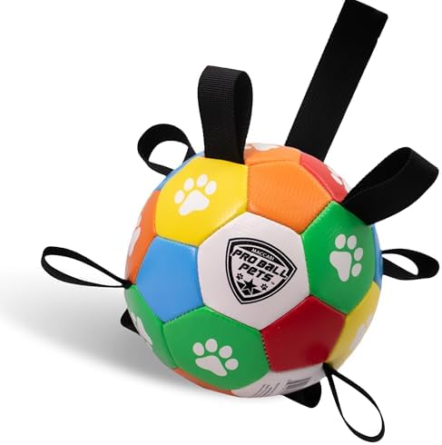 Maccabi Interactive Dog Soccer Ball for Dogs, 6” with Straps & Grab Tabs, Floats on Water, Fetch & Training Toy for Small/Medium Dogs, Herding Breeds, Waterproof Non-Toxic – ProBall Pets – Multicolor