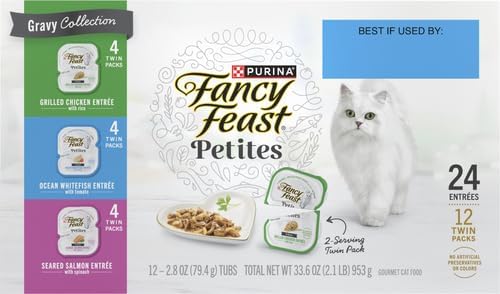 Fancy Feast Purina Gourmet Wet Cat Food Variety Pack,Petites Gravy Collection,Break-Apart tubs,48 Servings - 2.8 oz. Tubs,(Pack of 24)