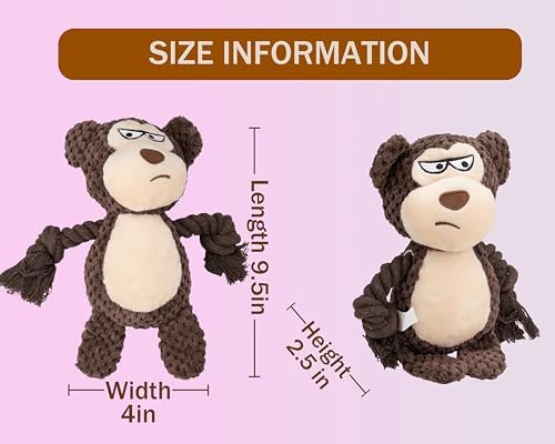 Squeaky Dog Toy Chew Plush Stuffed with Cotton Rope Crinkle Paper Soft Interactive Durable for Small Medium Large Dogs Puppy Pet Brown Monkey