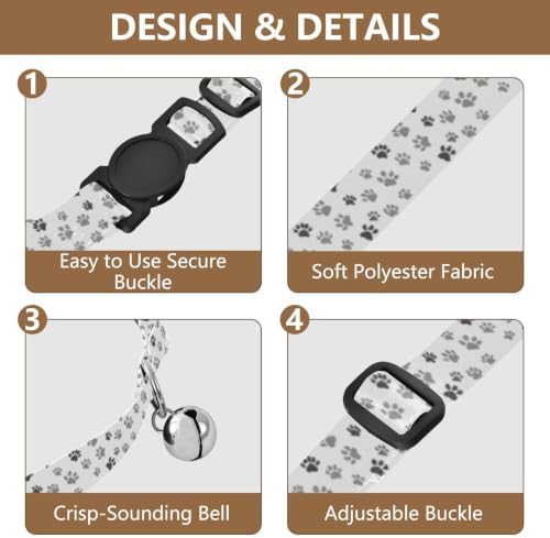 2 Pack Cat Collar Gray Black Dog Paw White Collar with Bell, Adjustable Length 10.6" to 17.1"