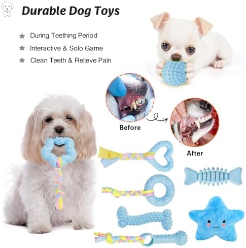 MRSOHRET Puppy Toys, 8 Pack Puppy Chew Toys for Teething, Cute Blue Small Dog Toys Set, Teething Toys for Puppies, Soft Durable Interactive Chew Toy for Small Dogs