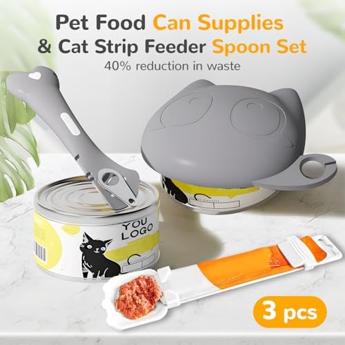 BAEJMJK Silicone Cat &Dog Food Can Cover Lid and Spoon With One Cats Strip Feeder 3Pcs Pet Cat Supplies Set Cute Shape Cats Wet Food Spoon(Opener/Spatula) Universal Can Cover（Grey）