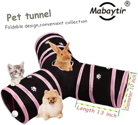 3-Way Collapsible Cat Tunnel Tube Toy Black Pink Paws