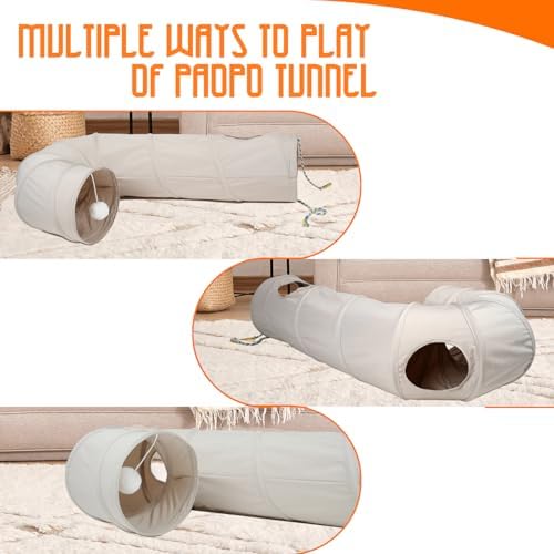 Cat Tunnel, 2-Way Collapsible Cat Tube with Interactive Peek-A-Boo Hole, Toy Ball, and Rope Ideal for Indoor Cats, Kittens, and Rabbits, Beige