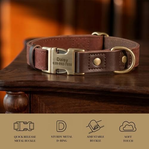 Personalized PU Leather Dog Collars,Quick Release Buckle,Brown,L