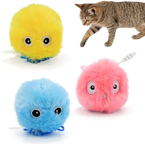 3 Pack Fluffy Cat Toy Ball, Interactive Chirping Plush Cat Toy with 3 Lifelike Animal Chirps & Refillable Catnip for Indoor Kitten & Small Pets