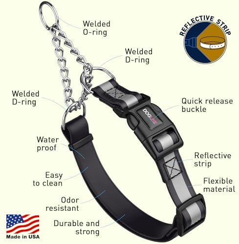 Dogline Reflective Martingale Collar for Dogs with Quick Release Buckle – Biothane Dog Collar with Herm Sprenger Assembly Chain – Waterproof No Pull Dog Collar, L 11”-15”, Black