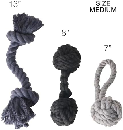 Pet Passion Brady The Rope Tug Toy 3-Pack Organic Cotton Dog Rope Pull Toys for All Pet Breeds, Gray Ombre, One Size