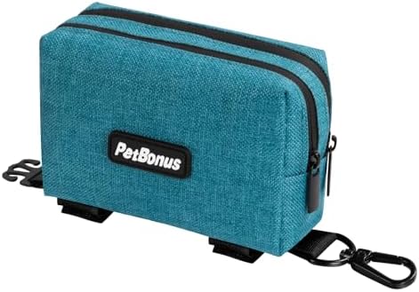 PetBonus Dog Poop Bag Holder, Portable Pet Waste Bag Dispenser, 2 Pouches for Treats and Walking Accessories, Fit All Leashes, Includes 1 Roll of Dog Poop Bags (Lagoon Blue)