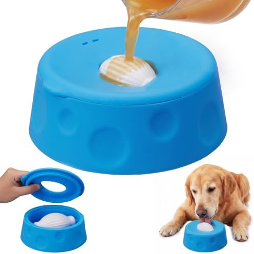 Dog Lick Bowl Ball Slow Feeder, Licking Bowl for Liquid Treat with Rolling Spin Sphere Roller Licker, Licky Feed Calming Anxiety Relief Enrichment Yogurt (Blue)