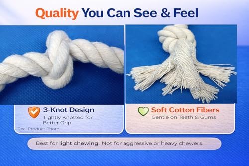 2-Pack 13" 3-Knot Dog Rope Toys for Puppies & Small to Medium Dogs, Natural Cotton Tug Toys for Interactive Indoor & Outdoor Play, Fetch, Teeth Cleaning, Training, Light Chewers, Washable, White