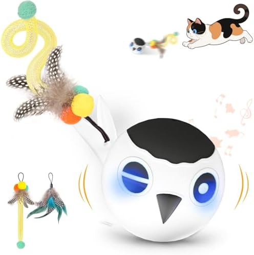 Cat Ball Toy, Upgraded Smart Motion Sensor Moving Ball with 3 Speed Modes & 4 Sounds, Interactive Toy for Indoor Cats, Motion Activated, Chirping Light, 2 Feather Tails(White)