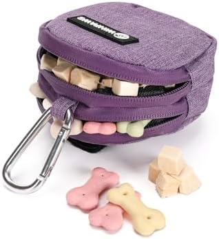 Dog Poop Bag Holder for Leashes- Dog Treat Pouch with Waterproof Zipper,Puppy Training Small Bag with Carabiner & Bungee Toggle,Two Pockets for Dry or Wet Treats-Pet Travel Walking Essentials (Purple)