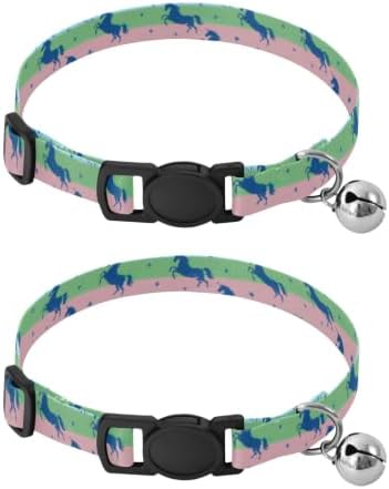 2 Pack Dog Collar Dark Blue Unicorn Pastel Stripes Kitten Collar with Bell, Adjustable 10.6 to 17.1 Inches