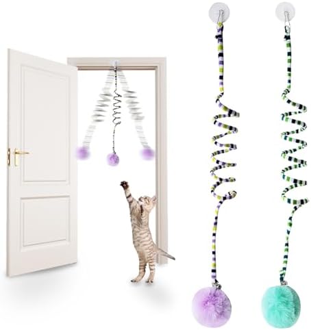 Andiker Cat Spring Toy, Self-Play Stretchable Door Hanging Cat Toy with Bell for Indoor Interactive Cat Toy, Soft Plush Ball with Spring Kitten Toy for Cat Kitten Playing Exercising (Green+Purple)