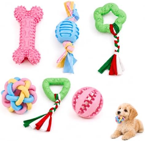 Puppy Chew Toys, 6 Pack Puppy Teething Toys for Small Breed, Soft Rubber Cute Multi Dog Toys, Eco-Friendly, Teeth Cleaning Interactive for Small Dogs (Basket not Included)