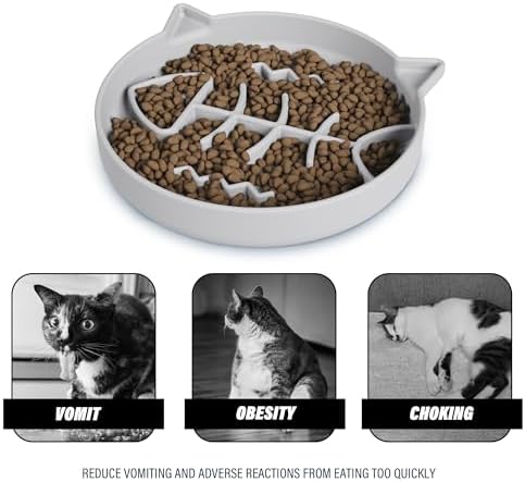 Silicone Cat Slow Feeder Bowl with Suction Cups - Interactive Puzzle Toy to Reduce Overeating in Kitty(Gray, 1 Cup)