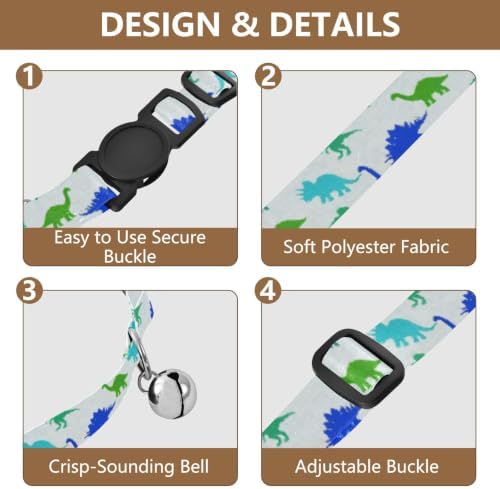 2 Pack Puppy Collar Dinosaurs Blue Breakaway Cat Collars with Bell, Adjustable Length 10.6" to 17.1"