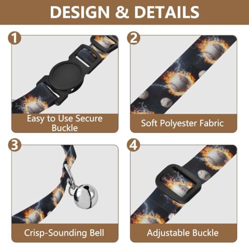 Baseballs Splashes Water Flames Decorative Pet Collar with Bell 2 Pack Cat Collar Adjustable 10.6 to 17.1 Inches
