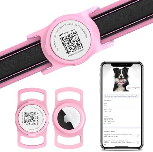 for AirTag Dog Collar Holder, Waterproof Smart QR Code for Air Tag Holder Cats and Dogs, for AirTag Protective Cases - Scan Alert, Instant Location, Pet Online Profile, Contacts Info (1 Pack, Pink)