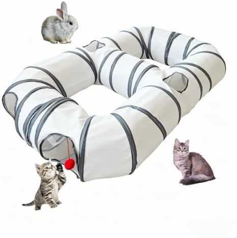 8-Shaped Cat Tunnel Toy Interactive Foldable Playhouse Maze Toys for Cats, Kittens, Rabbits & Small Pets with Playing Balls Collapsible Play Tube for Indoor Fun & Exercise (White)
