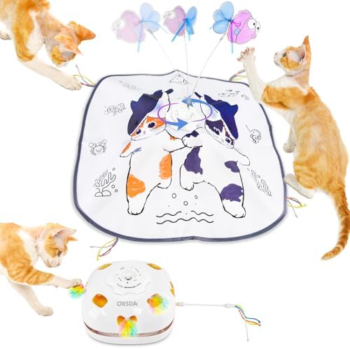 ORSDA Cat Toys for Indoor Cats, 5 in 1 Interactive Automatic Kitten Toys Rechargeable Electric Hide and Seek, Moving Feather, Whack-A-Mole, Spin Flying Teaser Wand Exercise Kicker, Gifts for Cat