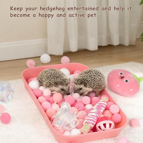 Hedgehog Accessories, Dig-Box Tray for Hedgehog Cage with Ball Toy, Small Animal Accessories Funny Dig-Box Tray Toys for Hedgehogs, Ball Bell Toy for Ferret Kitten Cat Hamster (Pink)