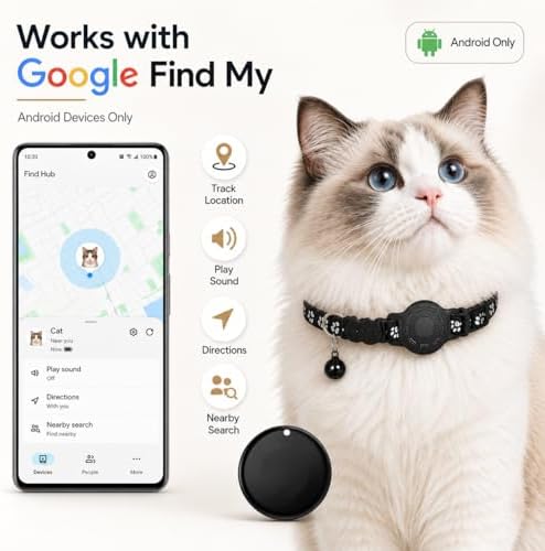 GPS Tracker for Cats, Cat Collar with Tracker for Android Users – No Monthly Fee, Google Find Hub Cat GPS Tracker Collar, IP67 Waterproof, Replaceable Battery Lasts 1 Year