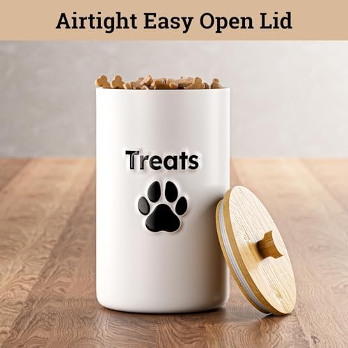 Ceramic Dog Treat Container Airtight with Bamboo Lid, 5"W x 9"H, 7 Cups