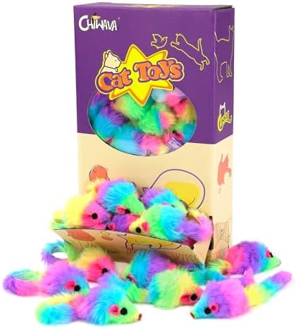 CHIWAVA 36PCS 1.8" Rainbow Color Furry Cat Toy Mice with Rattle Kitten Play