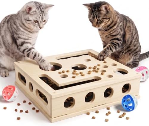 Cat Nail File Enrichment Box - Wooden Scratch & Puzzle Toy with 3 Bell Balls, Sandpaper Pad for Indoor Cat Claw Grinding, Mental Stimulation and Boredom Relief