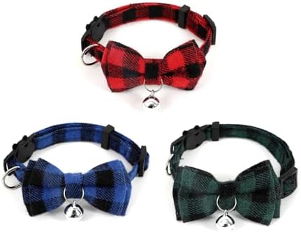 Plaid Breakaway Cat Collar with Bell & Removable Bow Tie – Cotton Kitten Collar with Bells for Boy Cats or Small Dogs. Adjustable Size 7.5-12.2in (3, Red/Green/Navy)