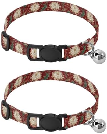 2 Pack Dog Collar Chrysanthemum Floral Red Vintage Puppy Collar with Bell, Adjustable Length 10.6" to 17.1"
