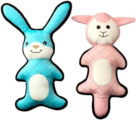 PetLike Tough & Durable Plush Dog Toy Set - 2 Pack - Interactive Animal Chew Toys for Puppies & Dogs, Perfect for Teething, Fetch & Cuddly Playtime (Blue Rabbit+Pink Sheep)