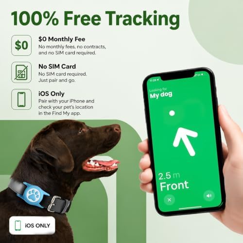 Dog Tracker with Apple Find My, GPS Pet Tracker for Dogs and Cats | Real-Time Location Tracking, No Monthly Fee or SIM Card, Waterproof Dog Collar Tracker with Holder, iOS Only Pet Locator