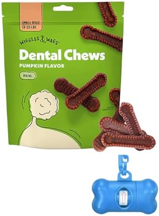 Wiggles & Wags Dental Chews for Small Dogs, Pumpkin Flavor, 12 Ounces with Bone Shaped Dispenser & Roll