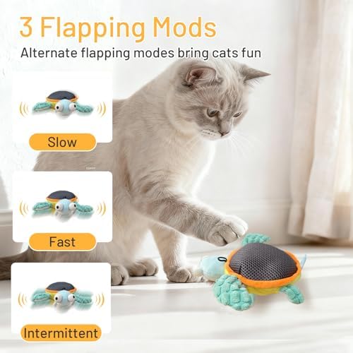 Puffluv Flapping Cat Toy,Can NOT Fly Rechargeable Interactive Turtle with Remote, Auto Beating Wings & Chirping 3 Modes, with Tpye-c and Catnip for Indoor Kitten Fun & Exercise