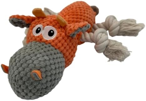 Large Dog Toy - Orange Cow Squeaky Dog Toys for Large Dogs, Med and Small Dogs. Durable with Pineapple Plush Fabric, Rope Legs, Hidden Seams, Reinforced Stress Points, Embroidered Eyes