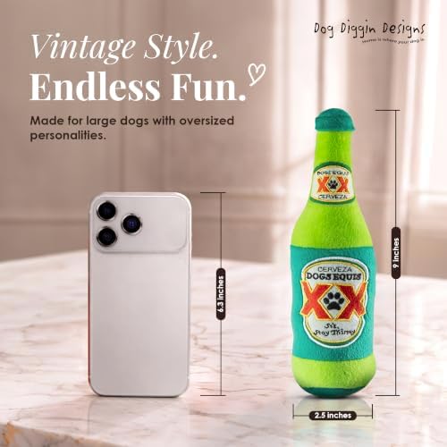 Dog Diggin Designs Dogs Equis Cerveza Plush Dog Toy | Luxury-Inspired Parody Beer Bottle Dog Toy with Squeaker, Soft Plush Novelty Dog Toy – Shaken, Not Stirred!