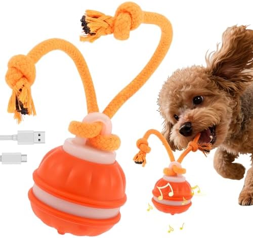 Interactive Dog Toy with Rope, 2026 Upgraded 3 Modes 360° Smart Automatic Rolling Moving Rechargeable Moving Fetch Dog Toy Ball for Boredom(Orange)