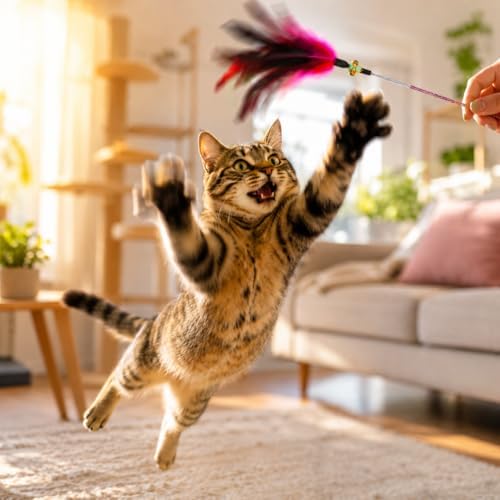 Cat Feather Wand Toy Set – 5 Different Feather Styles in One Pack – Interactive Wand Toys for Indoor Cats and Kittens – Durable Spring Design for Engaging Playtime