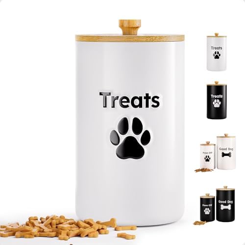 Ceramic Dog Treat Container Airtight with Bamboo Lid, 5"W x 9"H, 7 Cups